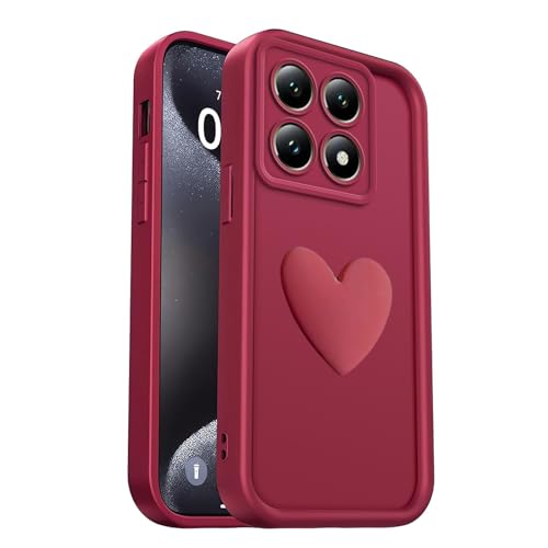 PanXCase Hülle für Xiaomi 14T Pro - Handyhülle 3D Herz Motiv Design Süß Silikonhülle, Kameraschutz Mädchen Stoßfest Kratzfeste Schutzhülle (Wine Red) von PanXCase