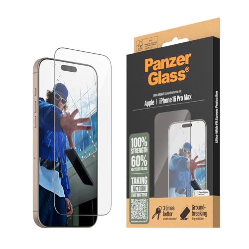 PanzerGlass® Hartglas-Schutzfolie für Apple iPhone 16 Pro Max Ultra Wide Fit, Hüllenfreundlich, Kratzfest, Stoßfest - mit Montagehilfe für einfache Installation von Panzer Glass