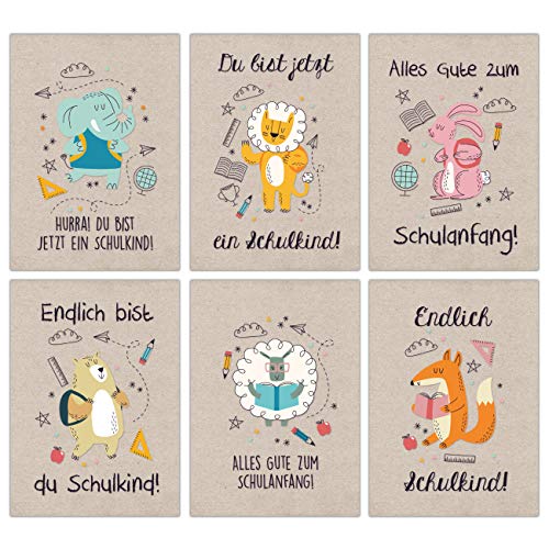 Papierdrachen 12 Glückwunschkarten zur Einschulung - Motiv Packpapier Tiere - Geschenk und Grüße für Schulanfänger - Buntes Postkarten Set für Kinder zum Schulanfang - DIN A6 von Papierdrachen