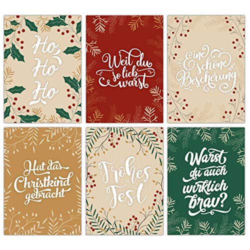 Papierdrachen Weihnachtskarten Set - 12 liebevoll gestaltete Postkarten zu Weihnachten - Kunstdruck zum Verschicken, Pakete dekorieren und Sammeln - Set 12 Handlettering von Papierdrachen