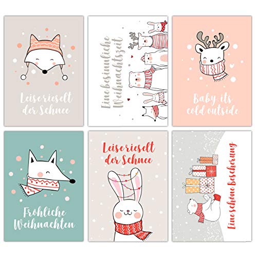 Papierdrachen Weihnachtskarten Set - 12 liebevoll gestaltete Postkarten zu Weihnachten - Kunstdruck zum Verschicken, Pakete dekorieren und Sammeln - Set 14 Weihnachtsfreunde von Papierdrachen