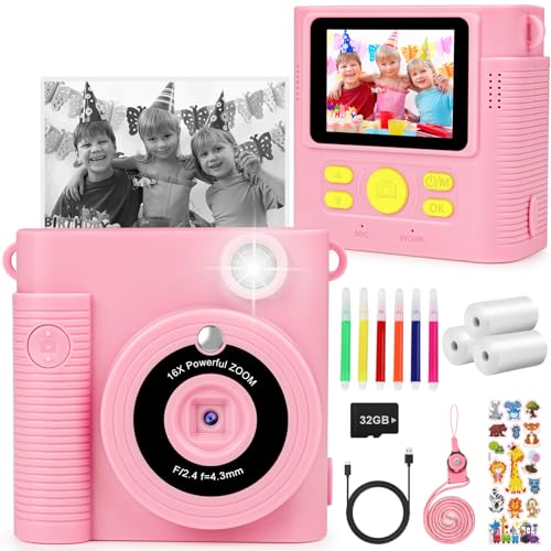 KinderKamera Sofortbildkamera DigitalKamera 1080P 2.4" Bildschirm Videokamera Schwarzweiß Fotokamera Geschenk für Kinder mit 3 Rollen Druckpapier,32GB Karte, 6 Farbigen Stiften,4 Aufkleber (Rosa) von Parner