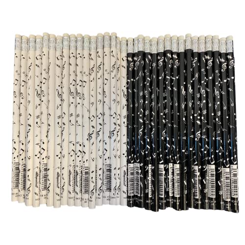 PartyErasers Musik-Themen-Schreibwaren – gemischte schwarze und weiße Musiknoten-Bleistifte mit Radiergummi auf der Oberseite (60 Stück) Party-Set von PartyErasers
