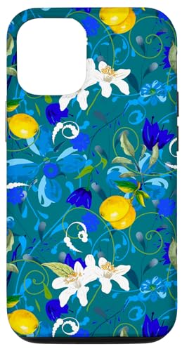 Hülle für iPhone 14 Aquarell blaue Blumen, Sommer, Zitronen, Blumenmuster von Pattern