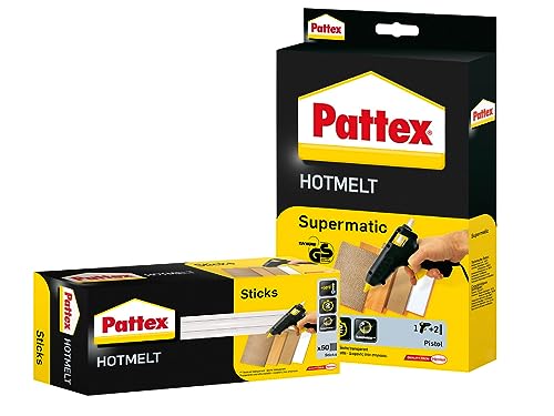 Pattex Hotmelt Supermatic Heißklebepistole, Set 2 Klebesticks & Pattex Hotmelt Sticks zum Nachfüllen, Klebesticks, Transparent, zum Basteln, 1x 50 Sticks Pattex Hotmelt Supermatic Heißklebepistole, Set 2 Klebesticks & Pattex Hotmelt Sticks zum Nachfüllen, Klebesticks, Transparent, zum Basteln, 1x 50 Sticks von Pattex