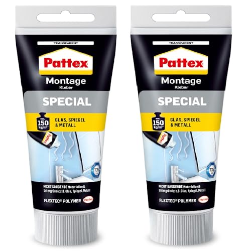 Pattex Montagekleber Special 2 x 80 g Tube, Glas- Spiegel- und Metallkleber für innen und außen, für nicht-saugende Materialien, Transparent von Pattex