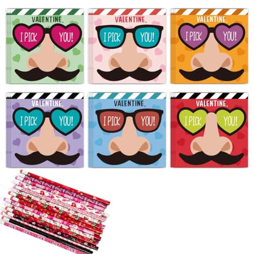 Pawlickio Lustige Nasenpicker-Geschenke zum Valentinstag für Kinder - 24 Valentinstagskarten und 24 Bleistifte - I Pick You Mustache Glasses von Pawlickio