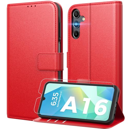 Peakally Handyhülle für Samsung Galaxy A16 5G Hülle [Mit 1 Stück Panzer Schutz Glas] [Premium PU Leder] [RFID-Blockierung] [Kartenfach] Klapphülle kompatibel mit Galaxy A16 5G / A16 4G - Rot von Peakally