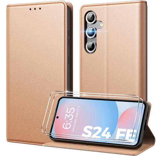 Peakally Handyhülle für Samsung Galaxy S24 FE Hülle Mit 2 Panzer Schutz Glas, Premium PU Lederhülle mit Kartenfach Standfunktion Klapphülle Kompatibel mit Galaxy S24 FE, Hellbraun von Peakally