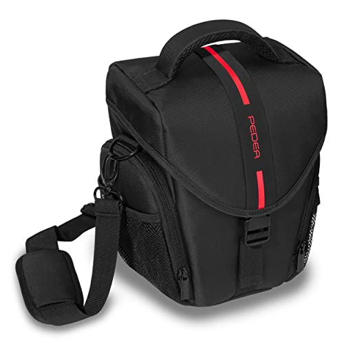 PEDEA DSLR-Kameratasche *Essex* Fototasche für Spiegelreflexkameras mit wasserdichtem Regenschutz, Tragegurt und Zubehörfächern, Gr. L schwarz/rot von Pedea