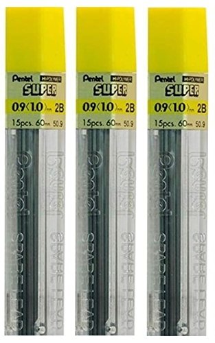 Pentel Ersatzminen für Bleistifte, 0,9 mm, Größe 2B, Farbhärte, Hi Pollymer, Super für automatische und mechanische Bleistifte (Packung mit 3 Röhren, 45 Stück) von Pentel