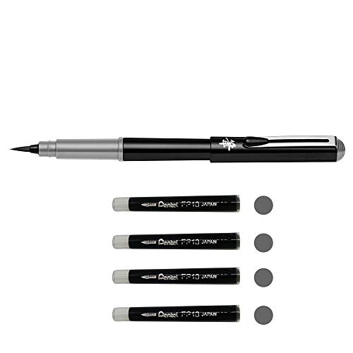 Pentel GFKPN Pocket Brush Pigment-Pinselstift für Kalligraphie, Skizzieren, Zeichnungen, Grau + 4 Patronen von Pentel
