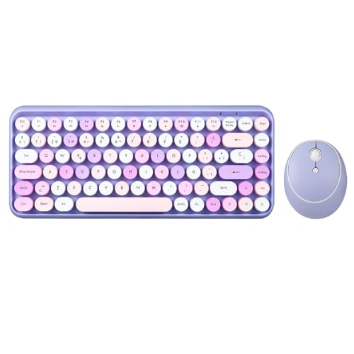 Perixx PERIDUO-713PP ES Set de ratón y Mini teclado inalámbrico 2.4 GHz, Teclas redondas Estilo Retro, para PC y Tablet, Morado Pastel, Español QWERTY von Perixx