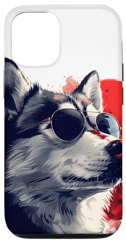 Hülle für iPhone 12/12 Pro Zeichnung eines sibirischen Husky-Hundes mit Sonnenbrille von Pets by Guntah