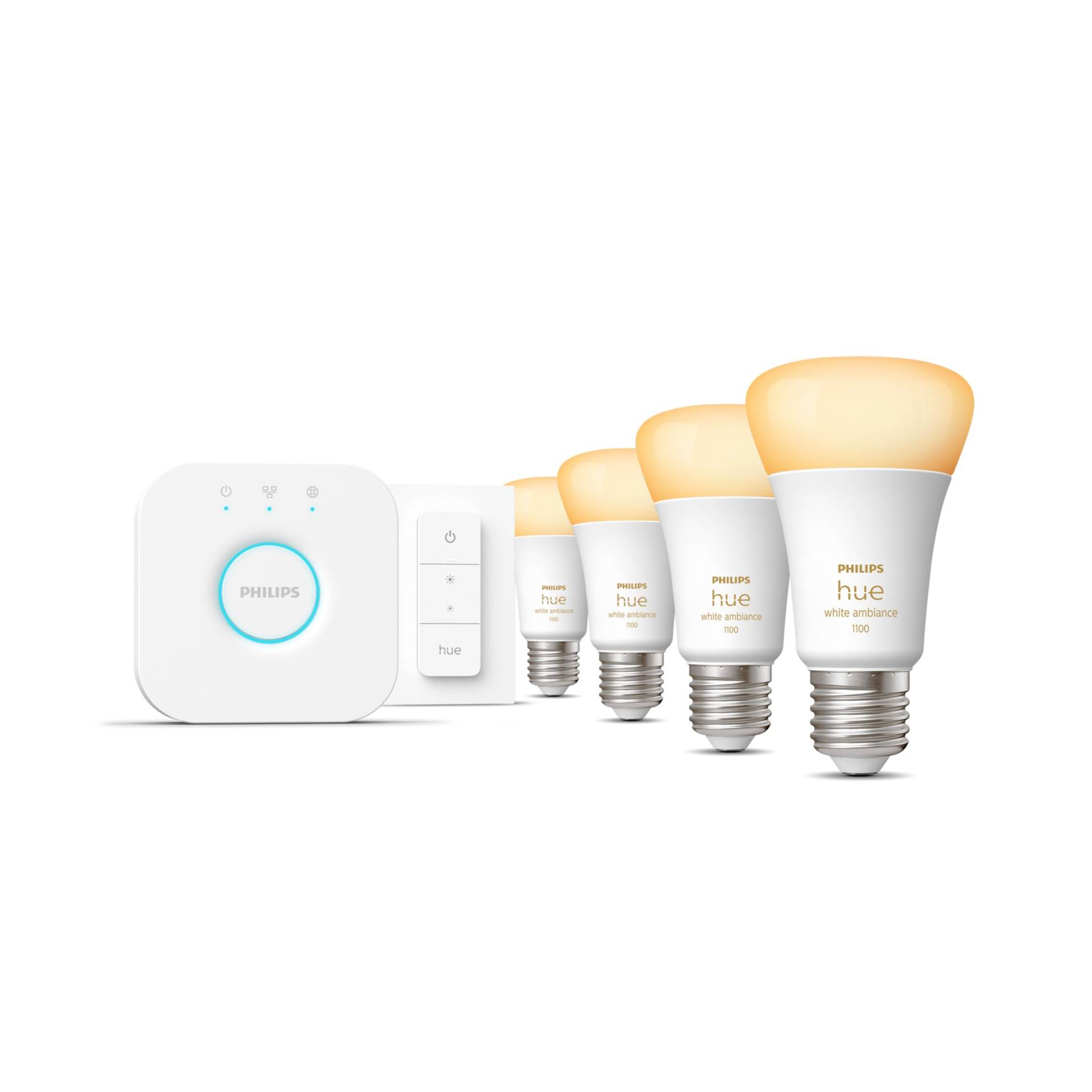 Philips Hue White Ambiance Starter-Set: 4 Smarte Lampen E27 (1100) + Dimmschalter von Philips Hue