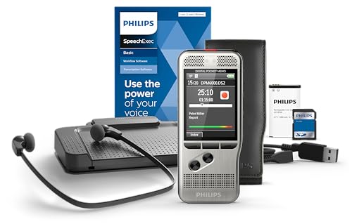 Philips DPM7700 Komplett-Set für Autor und Assistenz, enthält Diktiergerät Aufnahmegerät DPM7200, Fußschalter ACC2330, Stereo-Unterkinn-Kopfhörer LFH0334, Diktier- & Wiedergabe-Software SpeechExec von Philips