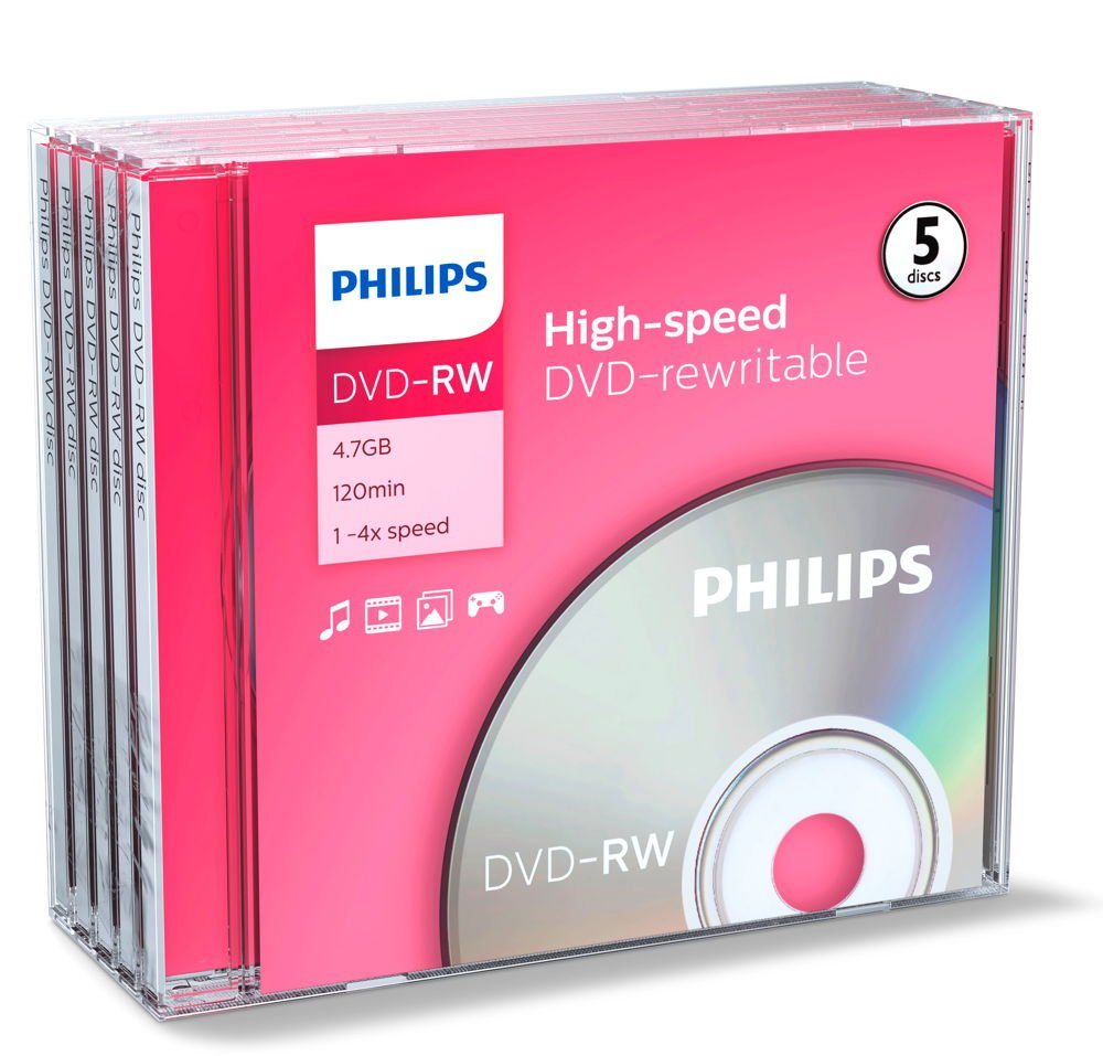 Philips DVD-Rohling 5 Philips Rohlinge DVD-RW 4,7GB 4x Jewelcase von Philips