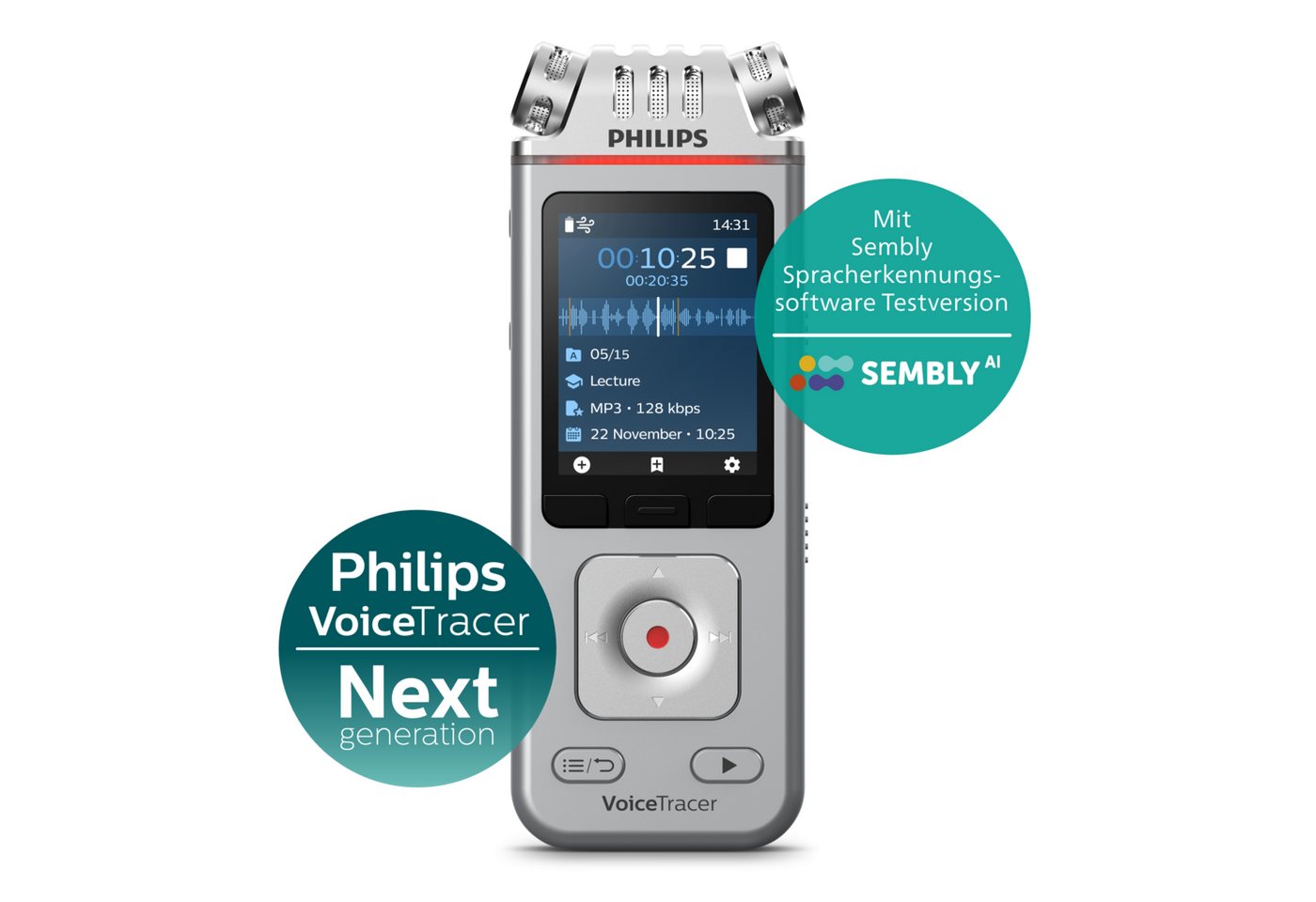 Philips DVT4115 Audiorecorder Digitales Diktiergerät (3 High-Fidelity-Mikrofone, Smartphone-App, Sembly AI Spracherkennung) von Philips