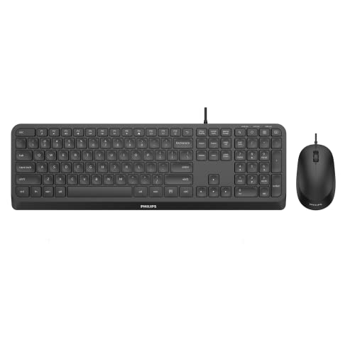 Philips SPT6207BL Tastatur und Maus Set mit Kabel - USB 2.0, ergonomisches Design und 1200 DPI Sensor, geräuschloses Klicken, für Links- und Rechtshänder, kompatibel mit PC, Mac, Schwarz, IT-Layout von PHILIPS