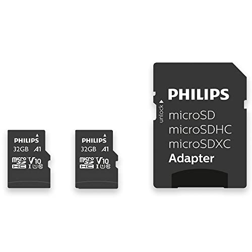 Philips Ultra Speed Micro SDHC Card 2x 32 GB + SD Adapter UHS-I U1, Lesegeschwindigkeit bis zu 80 MB/s, A1 Fast App Performance, V10, Speicherkarte für Smartphones, Tablet,PC,Card Reader,Full HD Video von PHILIPS