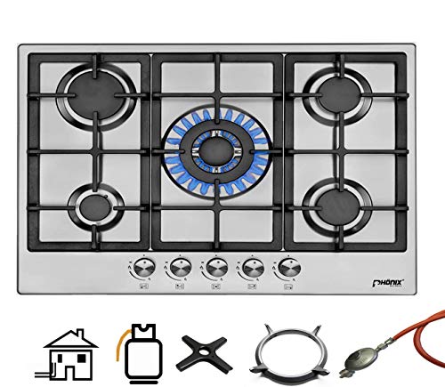 Phönix PS-701T Einbau Gaskochfeld Edelstahl Kochfeld 70 cm Gaskocher 5 Flammen autark (freistehend- / Einbau- Gaskochfeld) von Phönix Germany