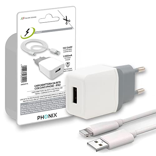 PHONIX Ladegerät für iPhone 12 11 Pro Max Mini X 8 7 SE 6 5 + 1 m Lightning USB-Kabel | Italienische Garantie Netzteil für Apple mit Ladekabel für iPhone, iPad, AirPods von Phonix