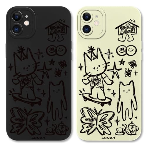 Phoona 2 Stück Handyhülle für iPhone 11 Hülle 6,1'', Aesthetic Muster Design Weiche TPU Ultra Dünn Silikon Schutzhülle Kratzfeste Stoßfest Kameraschutz Bumper Case für Mädchen, Schwarz Weiß-Katze von Phoona