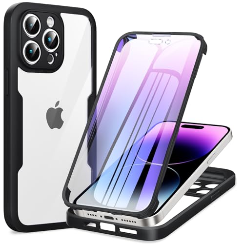 Phoona 360 Grad Hülle für iPhone 14 Pro mit Transparent Displayschutz, Stoßfeste Silikon TPU Ganzkörper Schutz Handyhülle, Kratzfeste Tragbare Komplettschutz Hülle für iPhone 14 Pro, Schwarz von Phoona