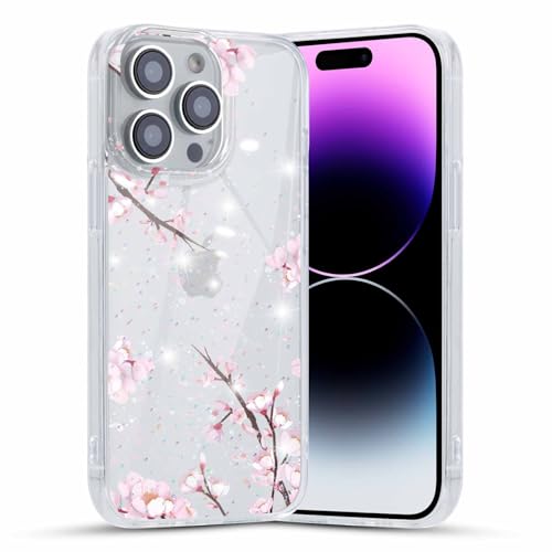 Phoona Glitzer Hülle Kompatibel mit iPhone 13 Pro 6,1 Handyhülle, Mädchen Schuzhülle Klar TPU Silikon Bumper Tasche Stoßfeste Case, mit Motiv Blumen Design Cover, für iPhone 13 Pro - Rosa von Phoona