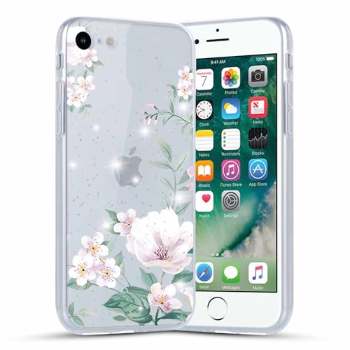 Phoona Glitzer Hülle Kompatibel mit iPhone 8/SE 2022/7/SE 2020 4,7 Handyhülle, Mädchen Schuzhülle Klar TPU Silikon Bumper Tasche Stoßfeste Case, mit Motiv Blumen Rosa Design Cover, für iPhone 7 von Phoona