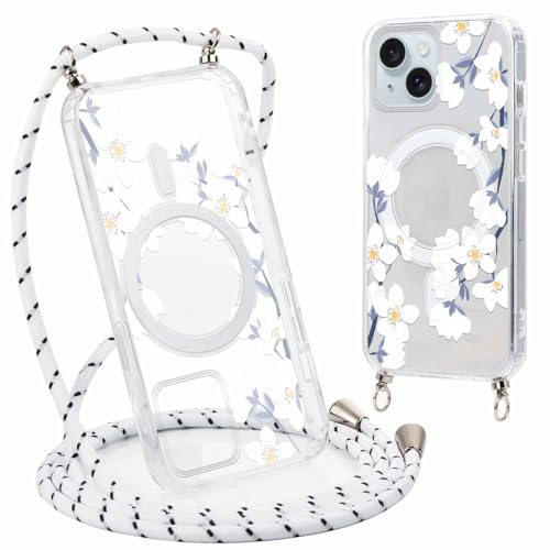 Phoona Handyhülle Handykette für iPhone 14/iPhone 13 6,1" Hülle mit Band, Transparent Magnetisch Case Kompatibel mit Magsafe, Silikon Stoßfest Kordel Schutzhülle mit Blumen2 Aesthetic Muster von Phoona