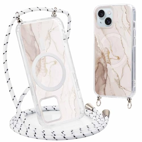 Phoona Handyhülle Handykette für iPhone 14/iPhone 13 6,1" Hülle mit Band, Transparent Magnetisch Case Kompatibel mit Magsafe, Silikon Stoßfest Kordel Schutzhülle mit Marmor Aesthetic Muster von Phoona