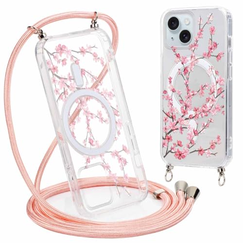 Phoona Handyhülle Handykette für iPhone 15 6,1" Hülle mit Band, Transparent Magnetisch Case Kompatibel mit Magsafe, Silikon Stoßfest Kordel Schutzhülle mit Blumen4 Aesthetic Muster von Phoona