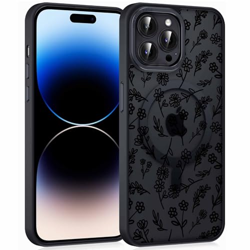 Phoona Handyhülle für iPhone 16 Pro Max Magnetisch Hülle 6,9'', Kompatibel mit MagSafe Aesthetic Muster TPU Weiches Schwarz Mat Silikon Case Kratzfeste Stoßfest Cover für Mädchen, Fadenblume von Phoona