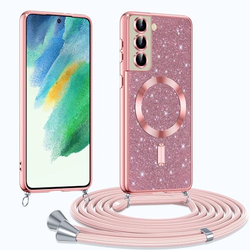 Phoona Handykette Hülle für Samsung Galaxy S21 FE mit Band, Glitzer Handyhülle Kompatibel mit MagSafe, Ganzkörperschutz Kratzfeste Stossfest Schutzhülle mit Einstellbar Kette, Rosa von Phoona