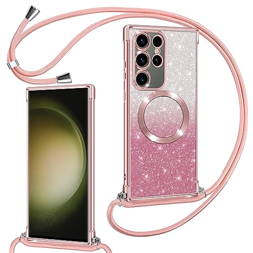 Phoona Handykette Hülle für Samsung Galaxy S23 Ultra mit Band [kompatibel mit MagSafe], Luxuriöse Glitzer Beschichtung Magnetische Handyhülle für Samsung S23 Ultra Silikon Stoßfest Schutzhülle, Rosa von Phoona