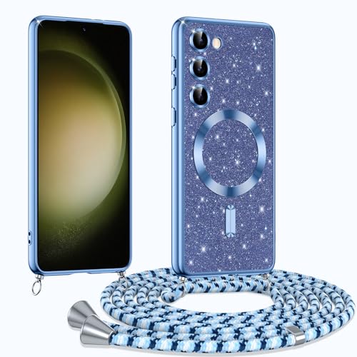 Phoona Handykette Hülle für Samsung Galaxy S23 mit Band, Glitzer Handyhülle Kompatibel mit MagSafe, Ganzkörperschutz Kratzfeste Stossfest Schutzhülle mit Einstellbar Kette, Blau von Phoona