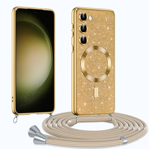 Phoona Handykette Hülle für Samsung Galaxy S23 mit Band, Glitzer Handyhülle Kompatibel mit MagSafe, Ganzkörperschutz Kratzfeste Stossfest Schutzhülle mit Einstellbar Kette, Gold von Phoona