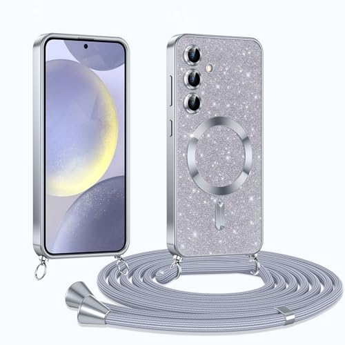 Phoona Handykette Hülle für Samsung Galaxy S24 mit Band, Glitzer Handyhülle Kompatibel mit MagSafe, Ganzkörperschutz Kratzfeste Stossfest Schutzhülle mit Einstellbar Kette, Silber von Phoona