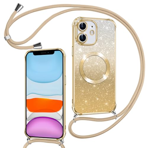 Phoona Handykette Hülle für iPhone 11 mit Band [kompatibel mit MagSafe], Luxuriöse Glitzer Beschichtung Magnetische Handyhülle für iPhone 11 Silikon TPU Stoßfest Schutzhülle, Gold von Phoona