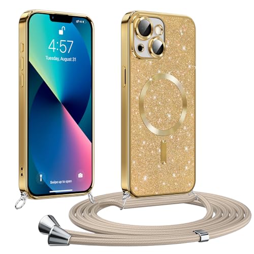 Phoona Handykette Hülle für iPhone 13/ iPhone 14 mit Band, Glitzer Handyhülle Kompatibel mit MagSafe, Ganzkörperschutz Kratzfeste Stossfest Schutzhülle mit Einstellbar Kette, Gold von Phoona