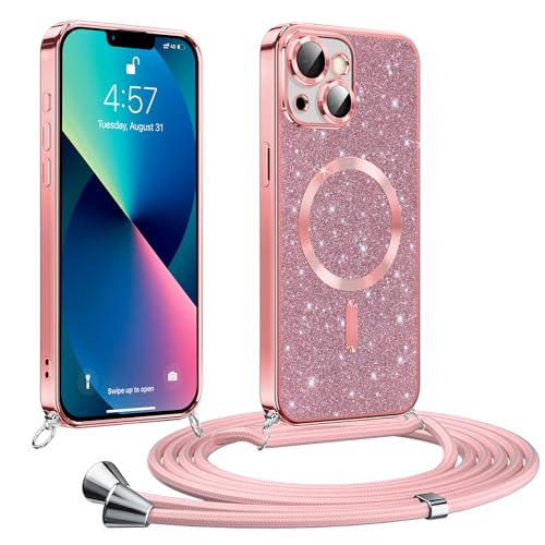 Phoona Handykette Hülle für iPhone 13/ iPhone 14 mit Band, Glitzer Handyhülle Kompatibel mit MagSafe, Ganzkörperschutz Kratzfeste Stossfest Schutzhülle mit Einstellbar Kette, Rosa von Phoona