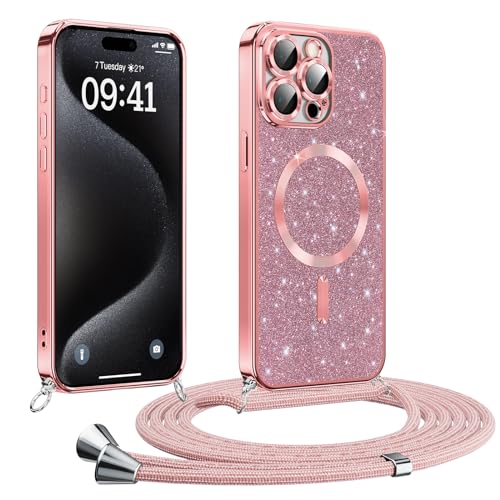 Phoona Handykette Hülle für iPhone 15 Pro Max mit Band, Glitzer Handyhülle Kompatibel mit MagSafe, Ganzkörperschutz Kratzfeste Stossfest Schutzhülle mit Einstellbar Kette, Rosa von Phoona