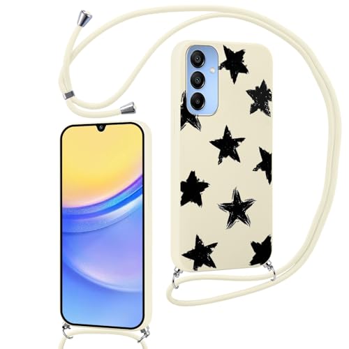 Phoona Handykette für Samsung Galaxy A15 5G Hülle mit Band 6,5'', Aesthetic Sterne Muster Design Schutzhülle Silikon Necklace Handyhülle für zum Umhängen Stoßfest Kameraschutz Case, Cremefarben05 von Phoona