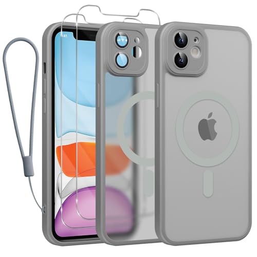 Phoona Magnetisch Hülle für iPhone 11 6,1 Zoll Kompatibel mit MagSafe, mit 2 Schutzfolie & 1 Handykette, Stoßfeste Kratzfeste Schutzhülle Dünne Handyhülle Durchscheinende Matte Case, Grau von Phoona