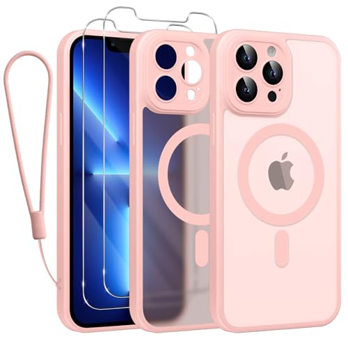 Phoona Magnetisch Hülle für iPhone 13 Pro 6,1 Zoll Kompatibel mit MagSafe, mit 2 Schutzfolie & 1 Handykette, Stoßfeste Kratzfeste Schutzhülle Dünne Handyhülle Durchscheinende Matte Case, Rosa von Phoona