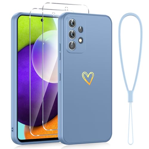 Phoona Silikon mit Gold Liebesherz für Samsung Galaxy A52 4G / 5G / A52S 5G 6,5" Hülle mit Band, Dünn Case Slim Kratzfeste Handyhülle mit 2 Stück Panzer Schutz Glas für Samsung A52, Blau Grau von Phoona