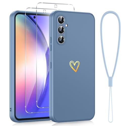 Phoona Silikon mit Gold Liebesherz für Samsung Galaxy A54 5G 6,4" Hülle mit Band, Dünn Case Slim Kratzfeste Rundumschutz Handyhülle zum Kette mit 2 Stück Panzer Schutz Glas für Samsung A54, Blau Grau von Phoona