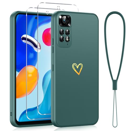 Phoona Silikon mit Gold Liebesherz für Xiaomi Redmi Note 11 4G / Xiaomi Redmi Note 11S 4G 6,43" Hülle mit Band, Dünn Case Kratzfeste Rundumschutz Handyhülle mit 2 Stück Panzer Schutz Glas für Grün von Phoona