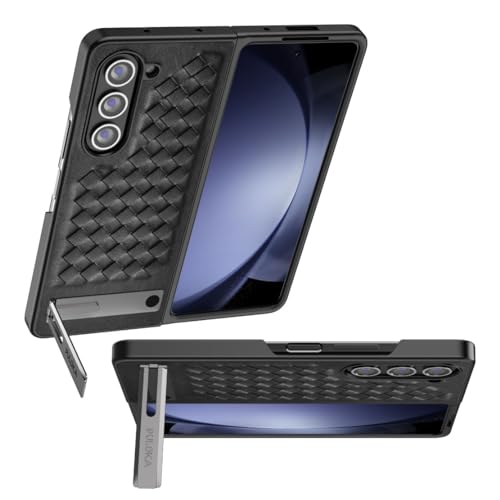 PhyWhale Für Samsung Galaxy Z Fold 5 Hülle mit Metall-Klappständer, Gewebtes Leder, Business-Stil Schutzhülle(2023)- Schwarz von PhyWhale
